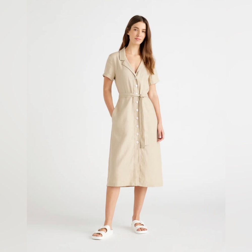 Quince beige (driftwood) button front linen dress